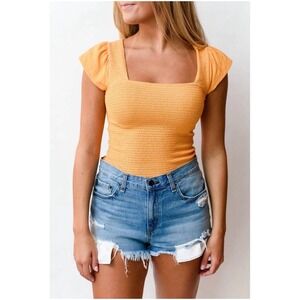 Nation LTD Alicia Tee in Mango Orange Smocked Fitted Flutter Sleeve Size XS